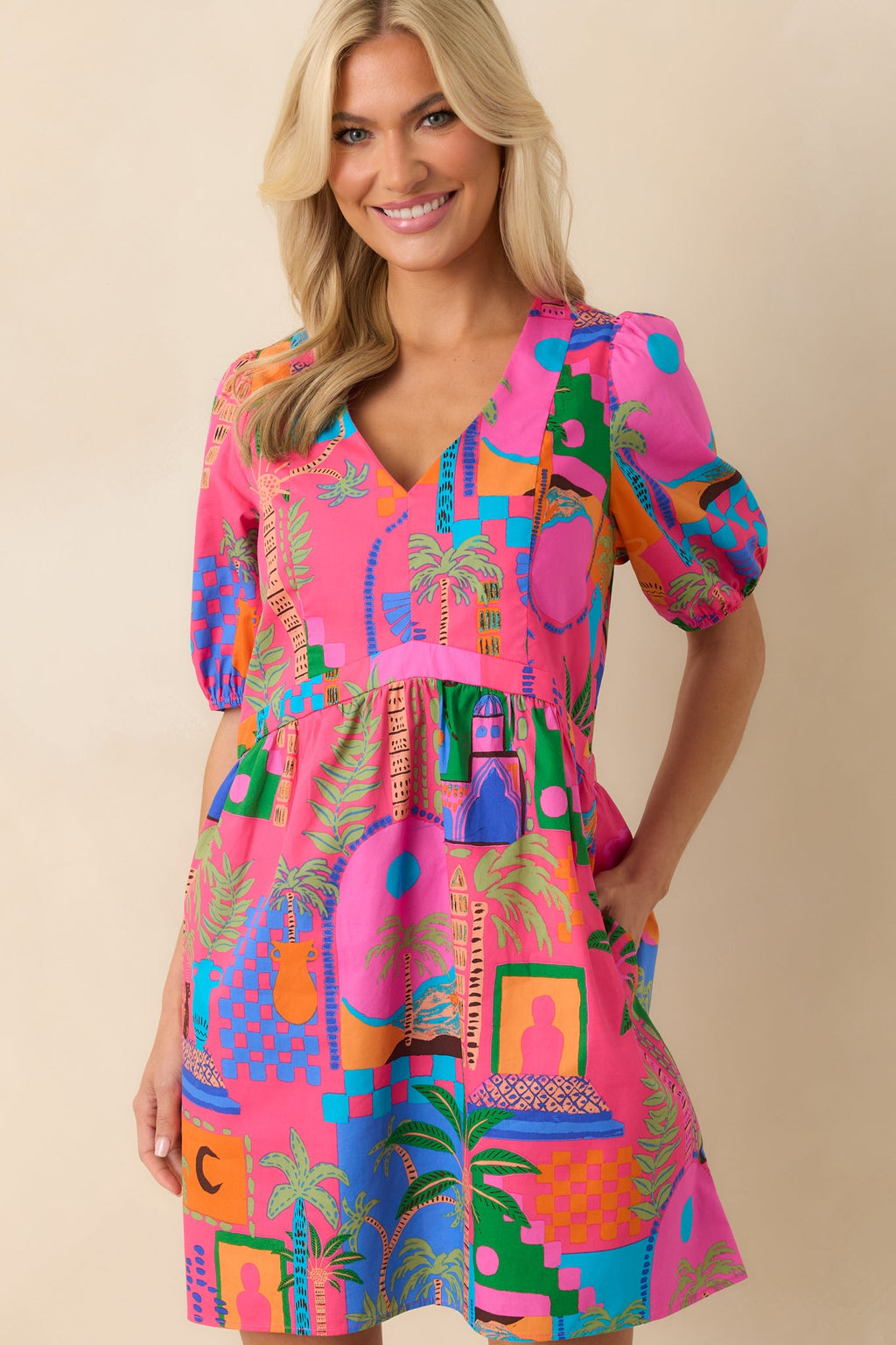 Clear Skies Today Pink Tropical Print Cotton Mini Dress