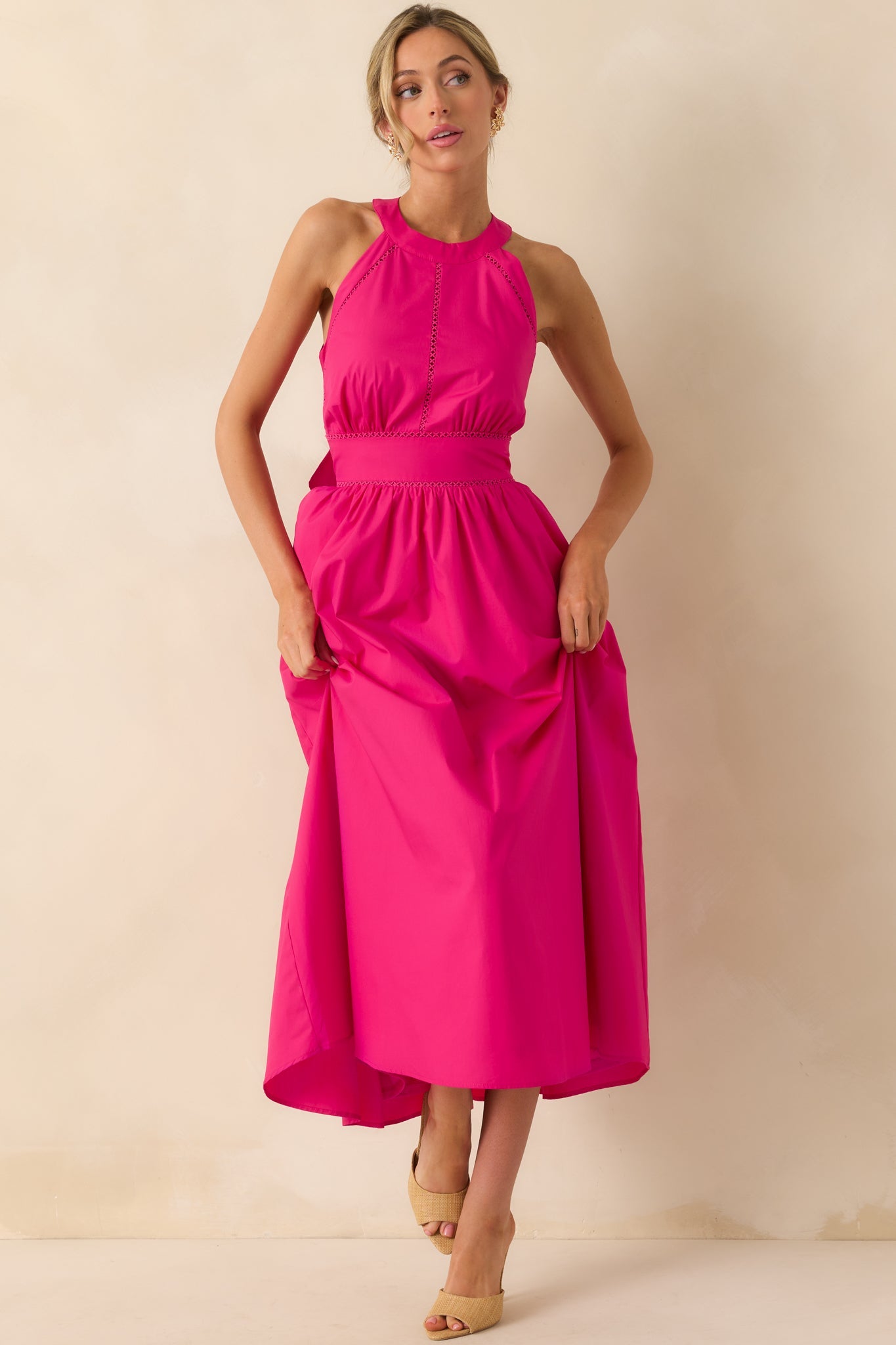 Going The Right Way Fuchsia Pink Cotton Halter Maxi Dress
