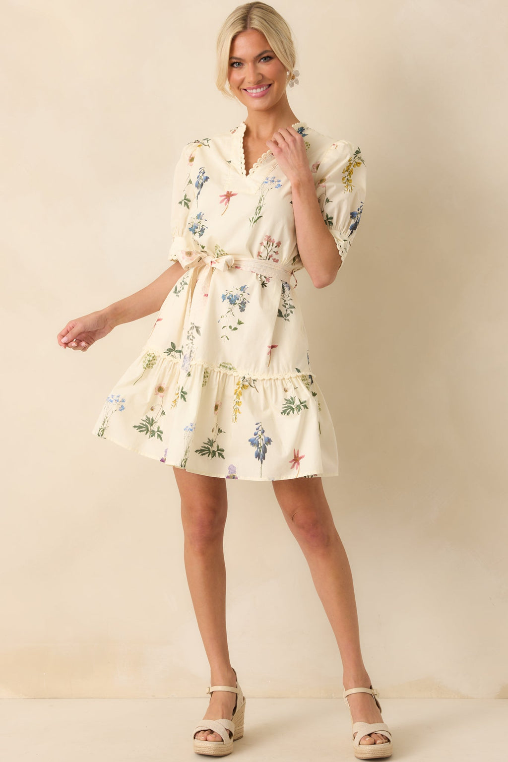Everything Is Just Right Ivory Floral Print Cotton Mini Dress