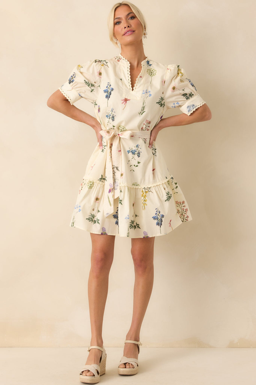 Everything Is Just Right Ivory Floral Print Cotton Mini Dress