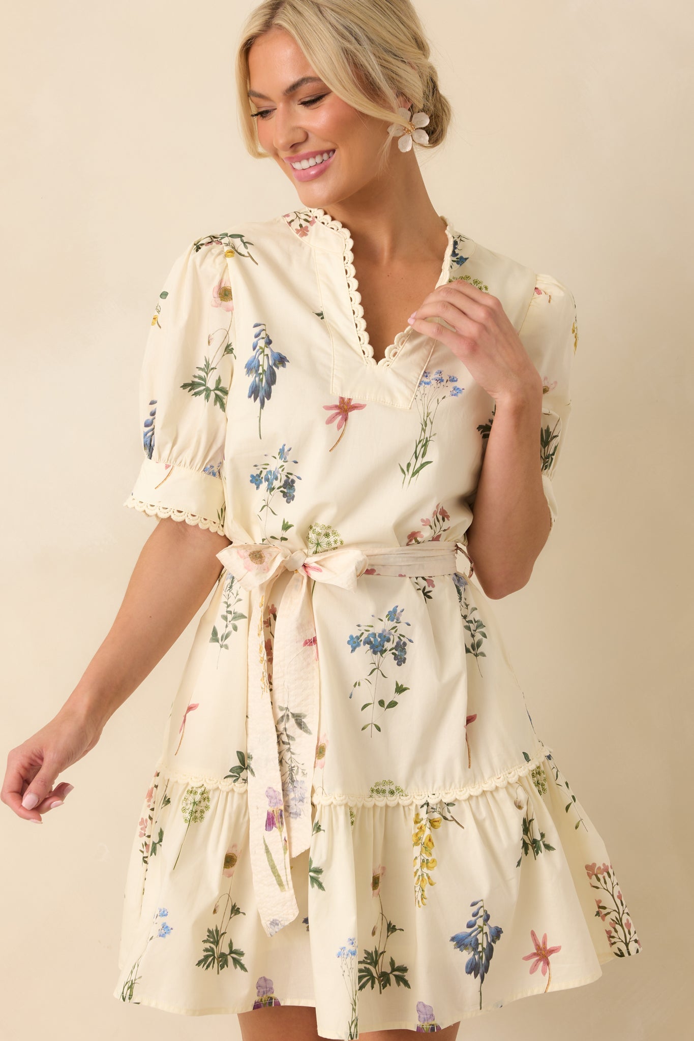 Everything Is Just Right Ivory Floral Print Cotton Mini Dress