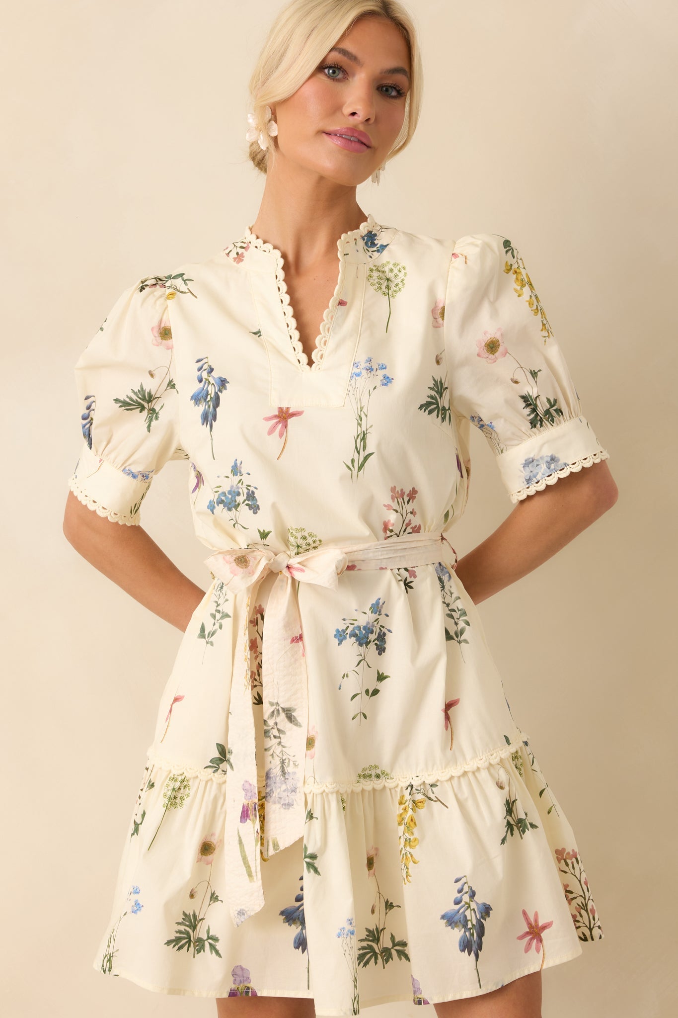 Everything Is Just Right Ivory Floral Print Cotton Mini Dress