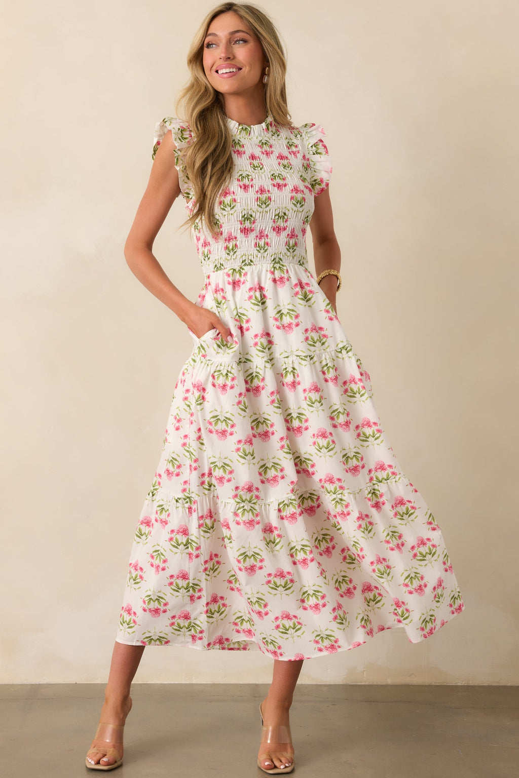 At The Wishing Well Pink Floral Cotton Smocked Maxi Dress