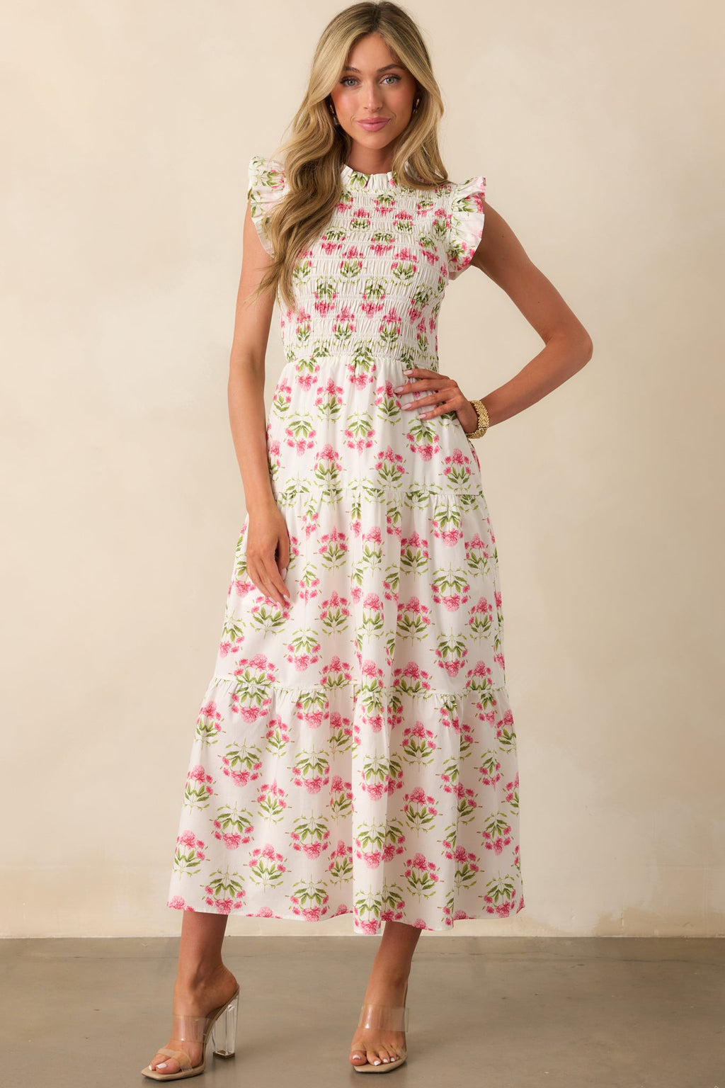 At The Wishing Well Pink Floral Cotton Smocked Maxi Dress