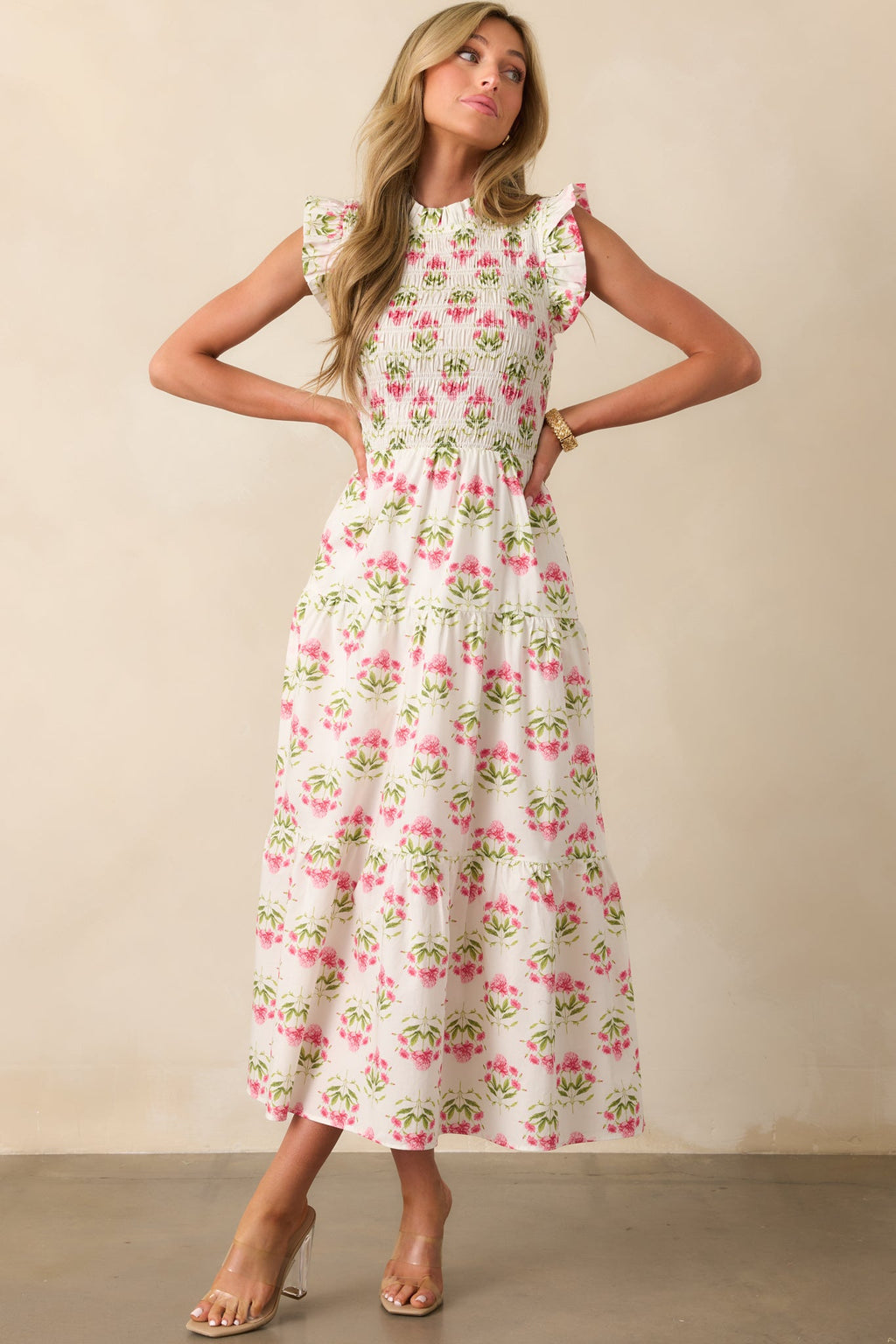 At The Wishing Well Pink Floral Cotton Smocked Maxi Dress