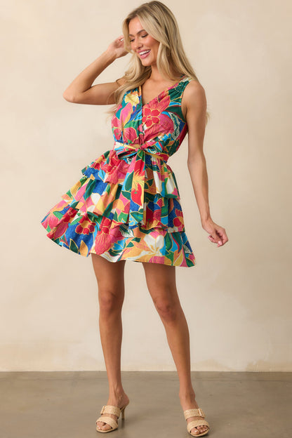 Brighter Than Ever Blue Tropical Print Cotton Mini Dress