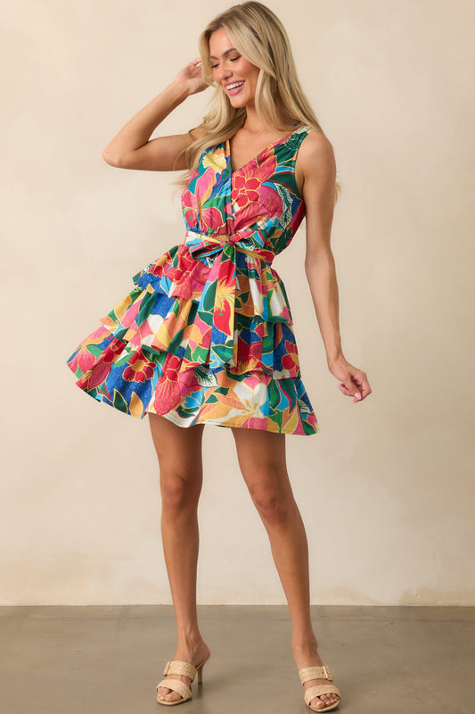 Brighter Than Ever Blue Tropical Print Cotton Mini Dress