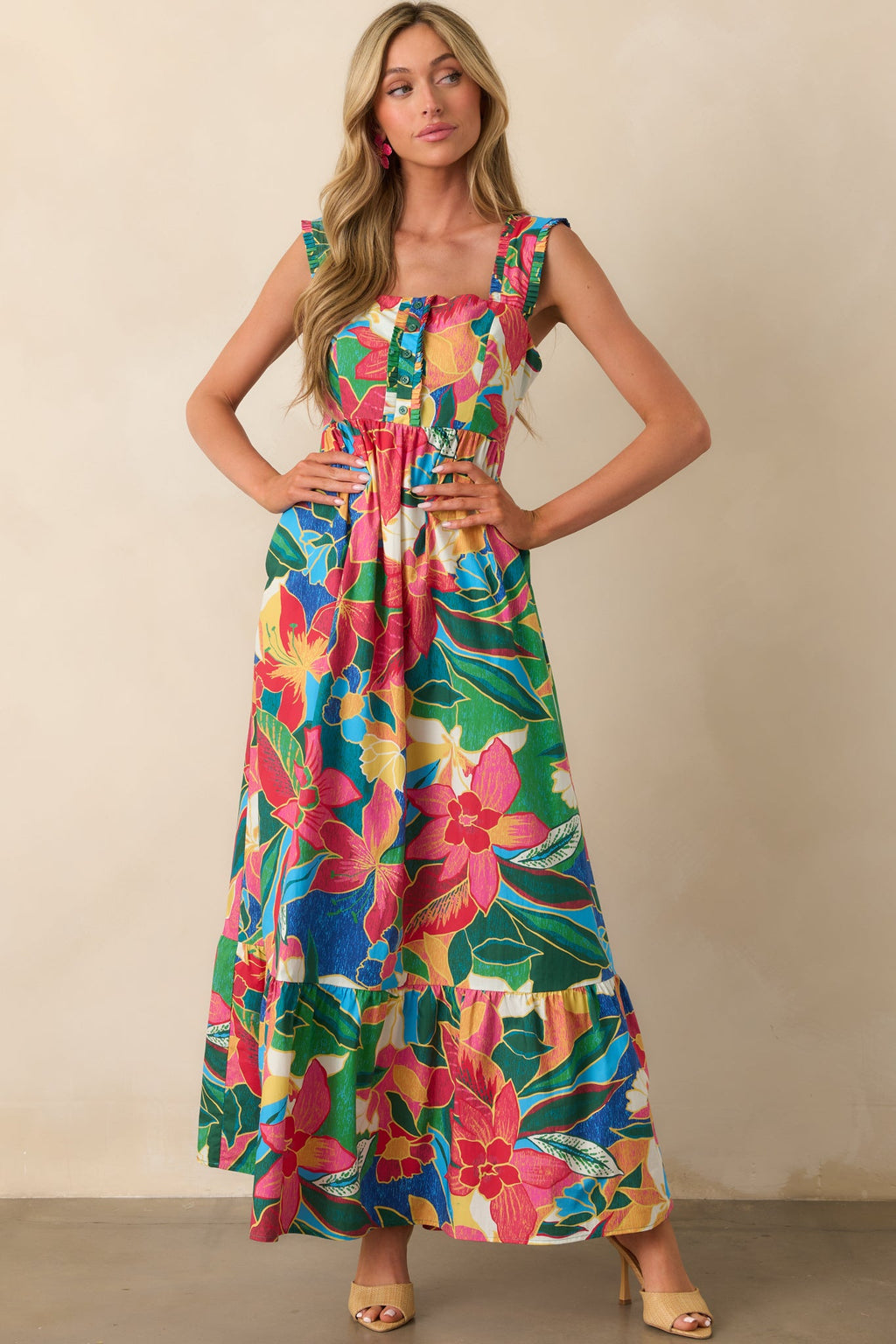 Finding My Oasis Blue Tropical Print Cotton Bow Back Maxi Dress