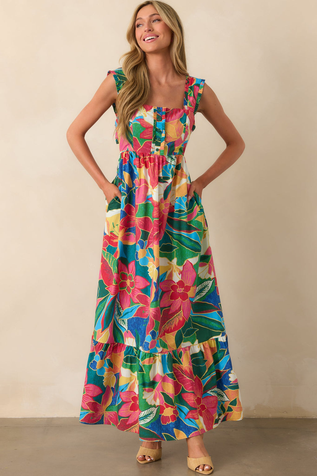 Finding My Oasis Blue Tropical Print Cotton Bow Back Maxi Dress