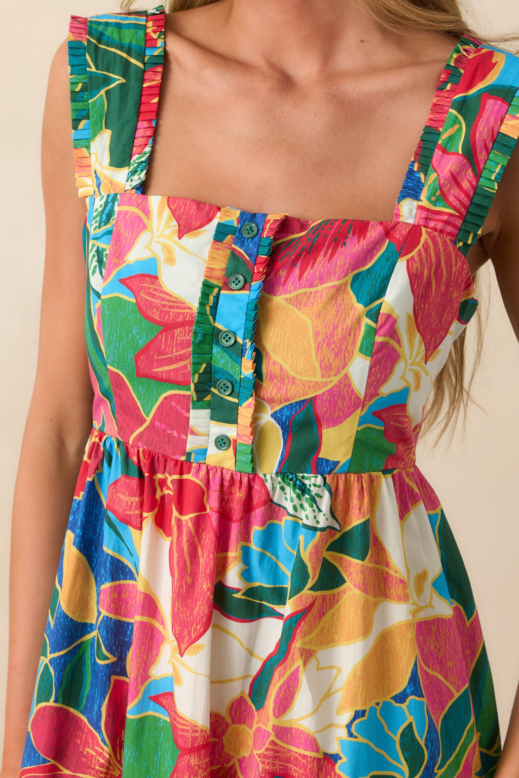 Finding My Oasis Blue Tropical Print Cotton Bow Back Maxi Dress
