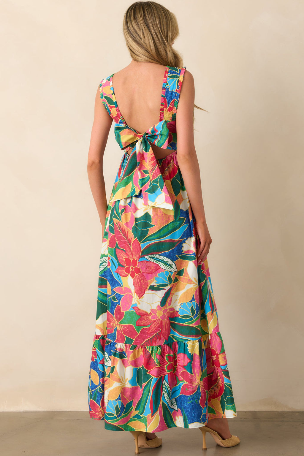 Finding My Oasis Blue Tropical Print Cotton Bow Back Maxi Dress