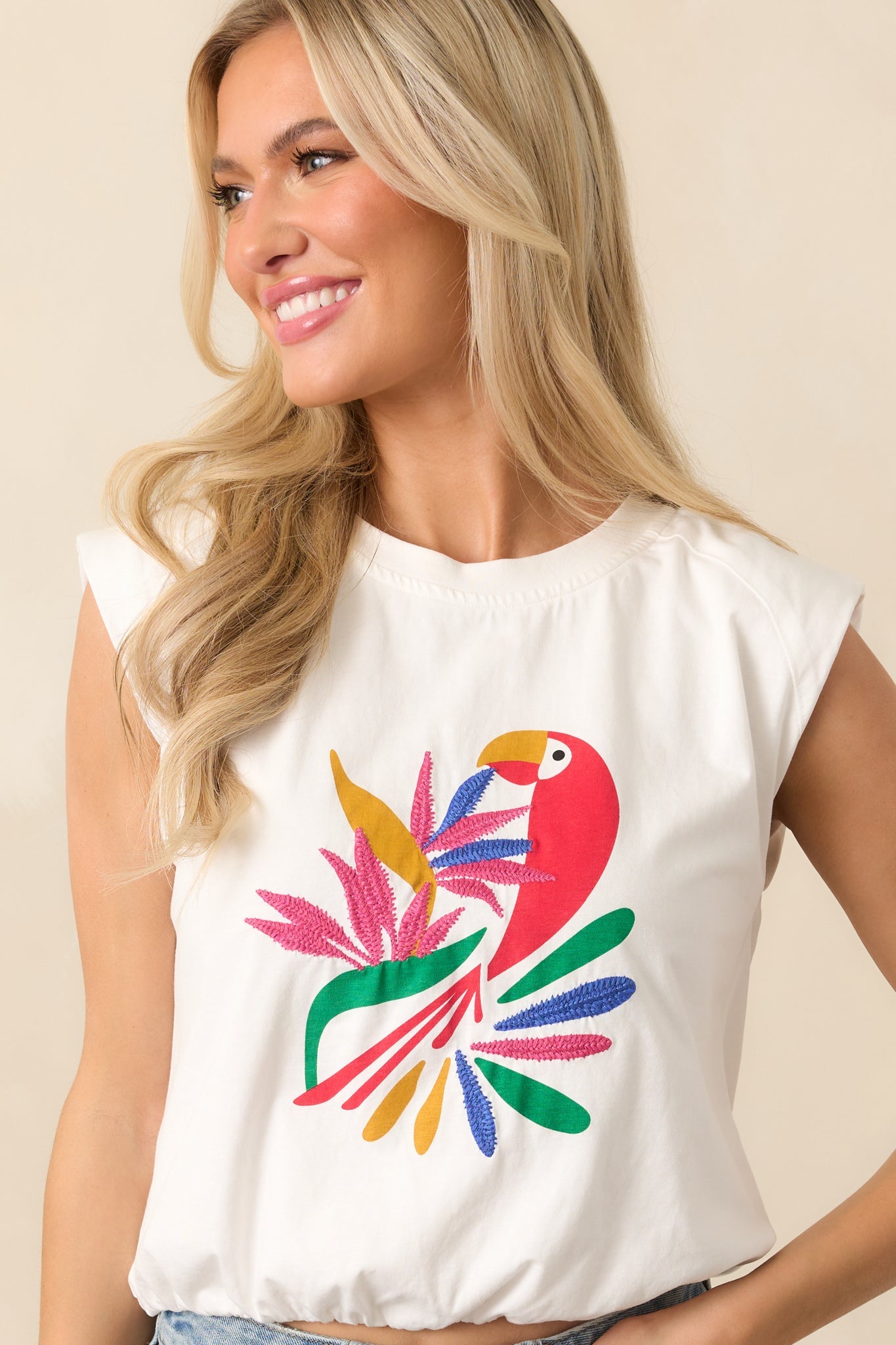 Bird's Eye View White Cotton Cap Sleeve Parrot Graphic Tee