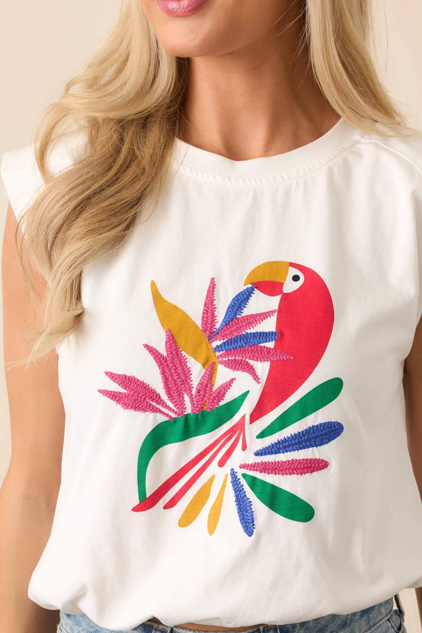 Bird's Eye View White Cotton Cap Sleeve Parrot Graphic Tee