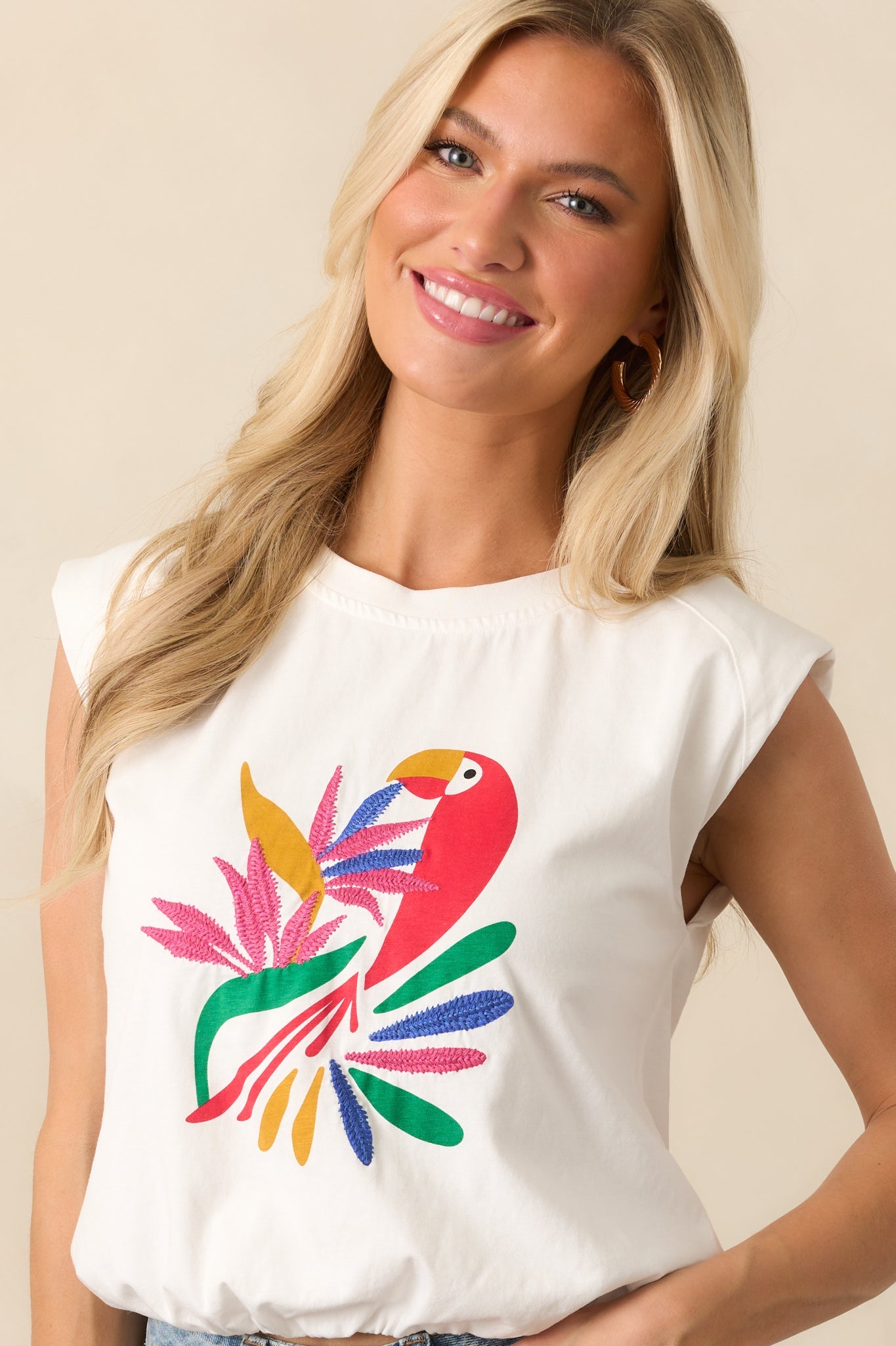 Bird's Eye View White Cotton Cap Sleeve Parrot Graphic Tee