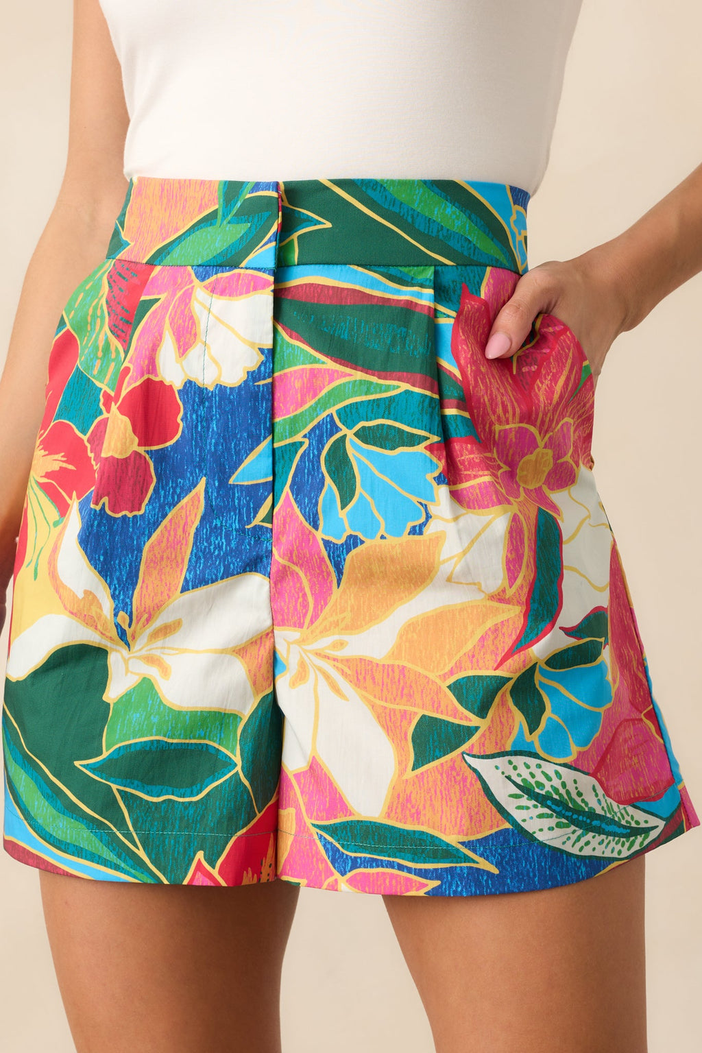 As Life Goes On Blue Tropical Print Cotton High Waisted Shorts