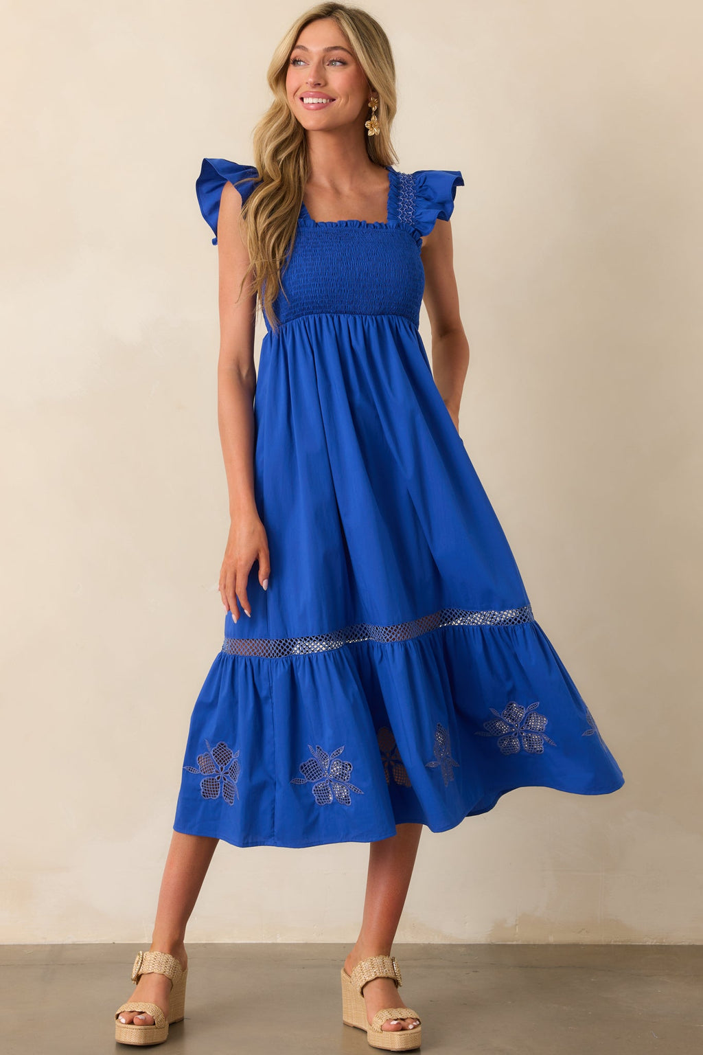 Don't Mind If I Do Cobalt Blue Cotton Embroidered Eyelet Midi Dress