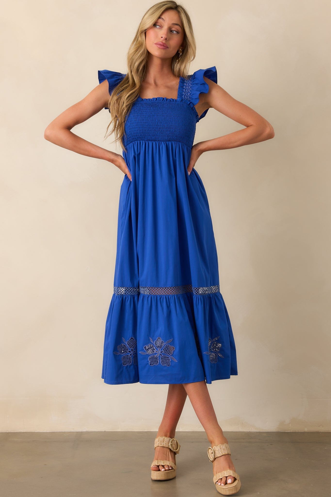 Don't Mind If I Do Cobalt Blue Cotton Embroidered Eyelet Midi Dress