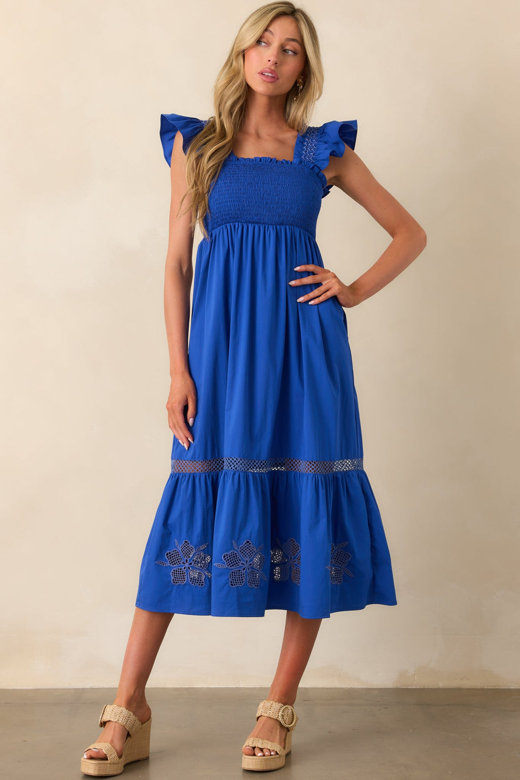 Don't Mind If I Do Cobalt Blue Cotton Embroidered Eyelet Midi Dress