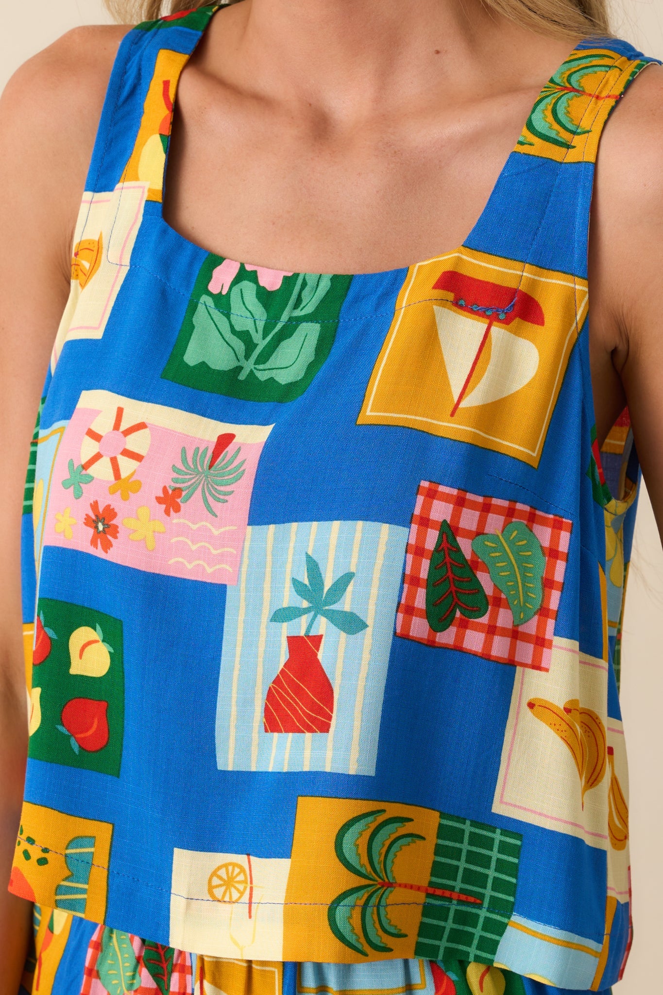 All In Good Time Blue Tropical Patchwork Rayon Crop Top