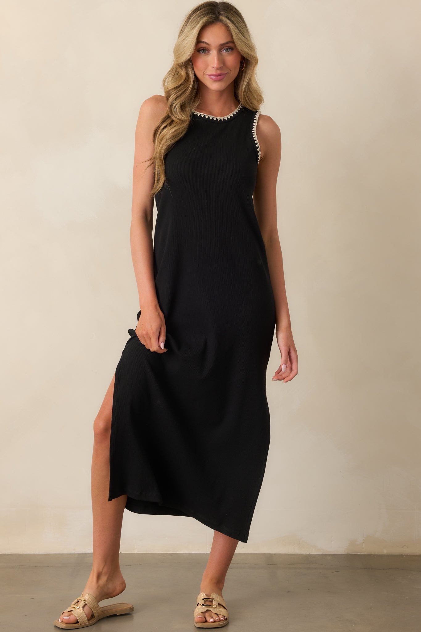 Z Supply Black Cotton Delamer Whipstitch Rib Midi Dress