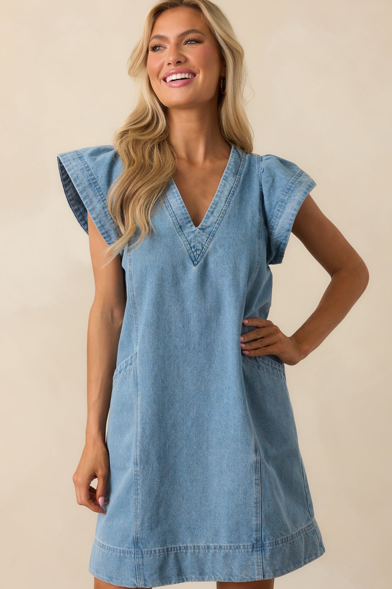 Don't Think Twice Light Wash Cotton Denim Mini Dress