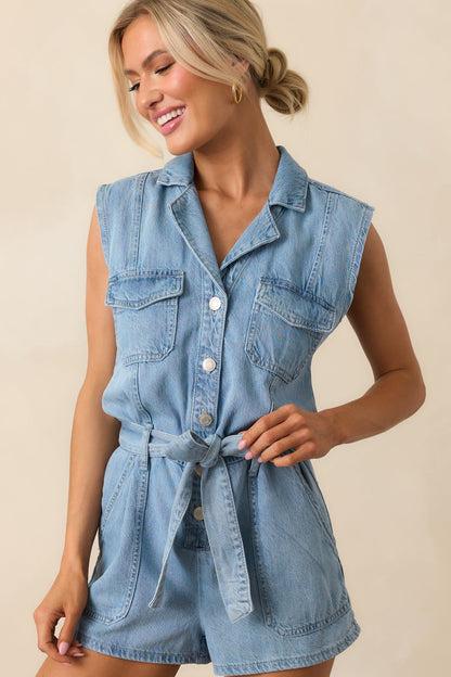 Z Supply Light Wash Cotton Dash Luxe Soft Denim Romper