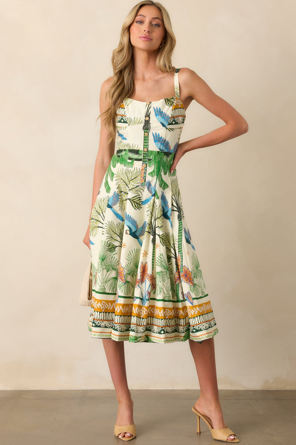 Aylaya Sao Paulo Ivory Tropical Print Cotton Midi Dress