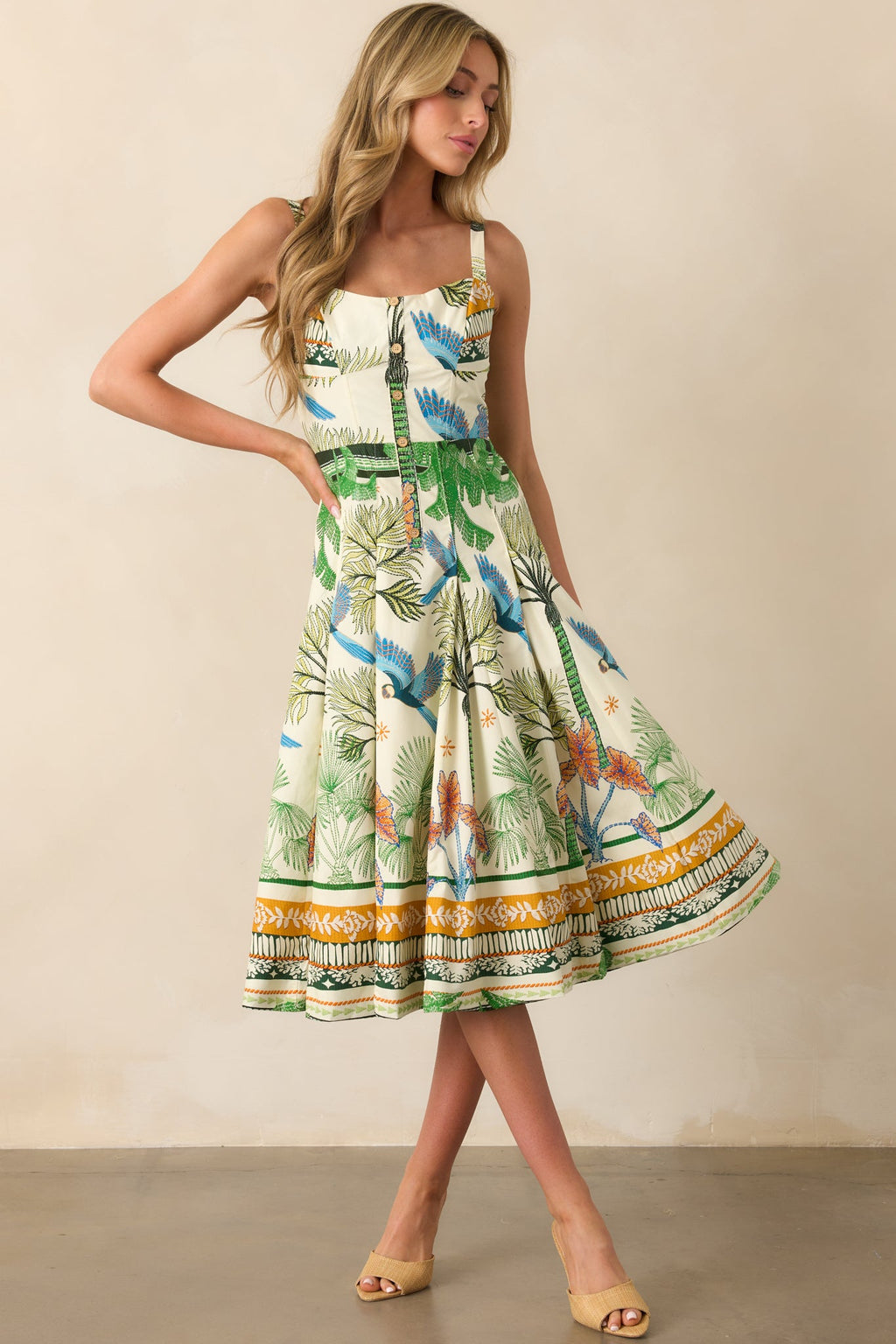 Aylaya Sao Paulo Ivory Tropical Print Cotton Midi Dress