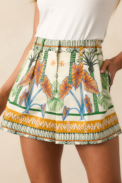 Aylaya Berlin Ivory Tropical Print Cotton High Waisted Shorts