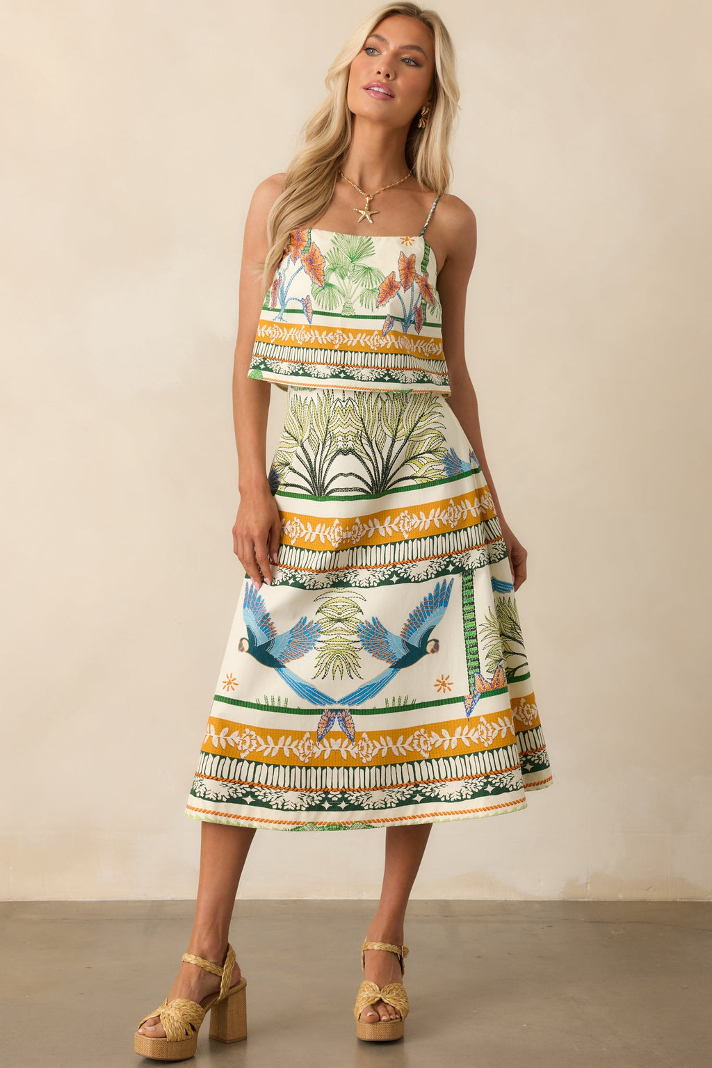 Aylaya Amazon Ivory Tropical Print Cotton Midi Skirt