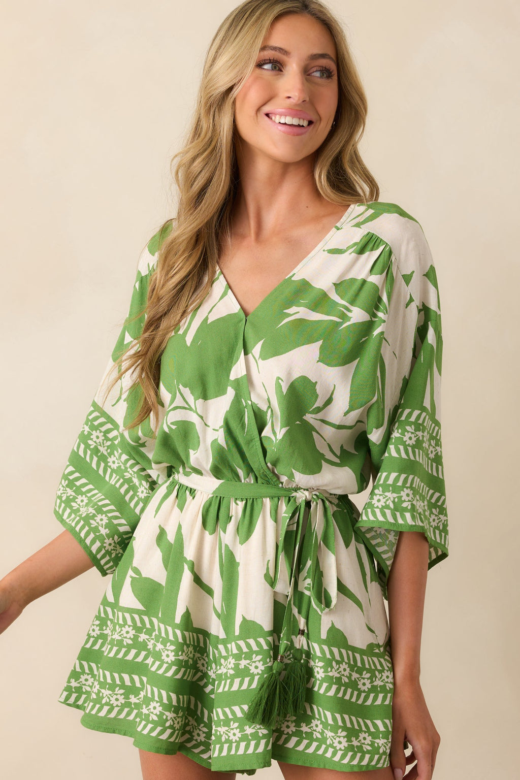 Always Taking It Easy Green Tropical Print Short Sleeve Romper