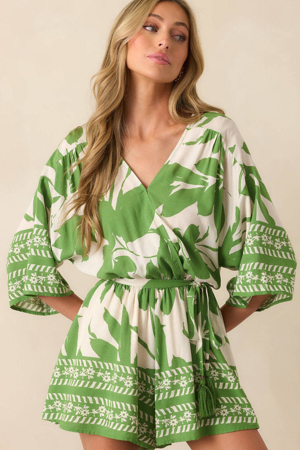 Always Taking It Easy Green Tropical Print Short Sleeve Romper