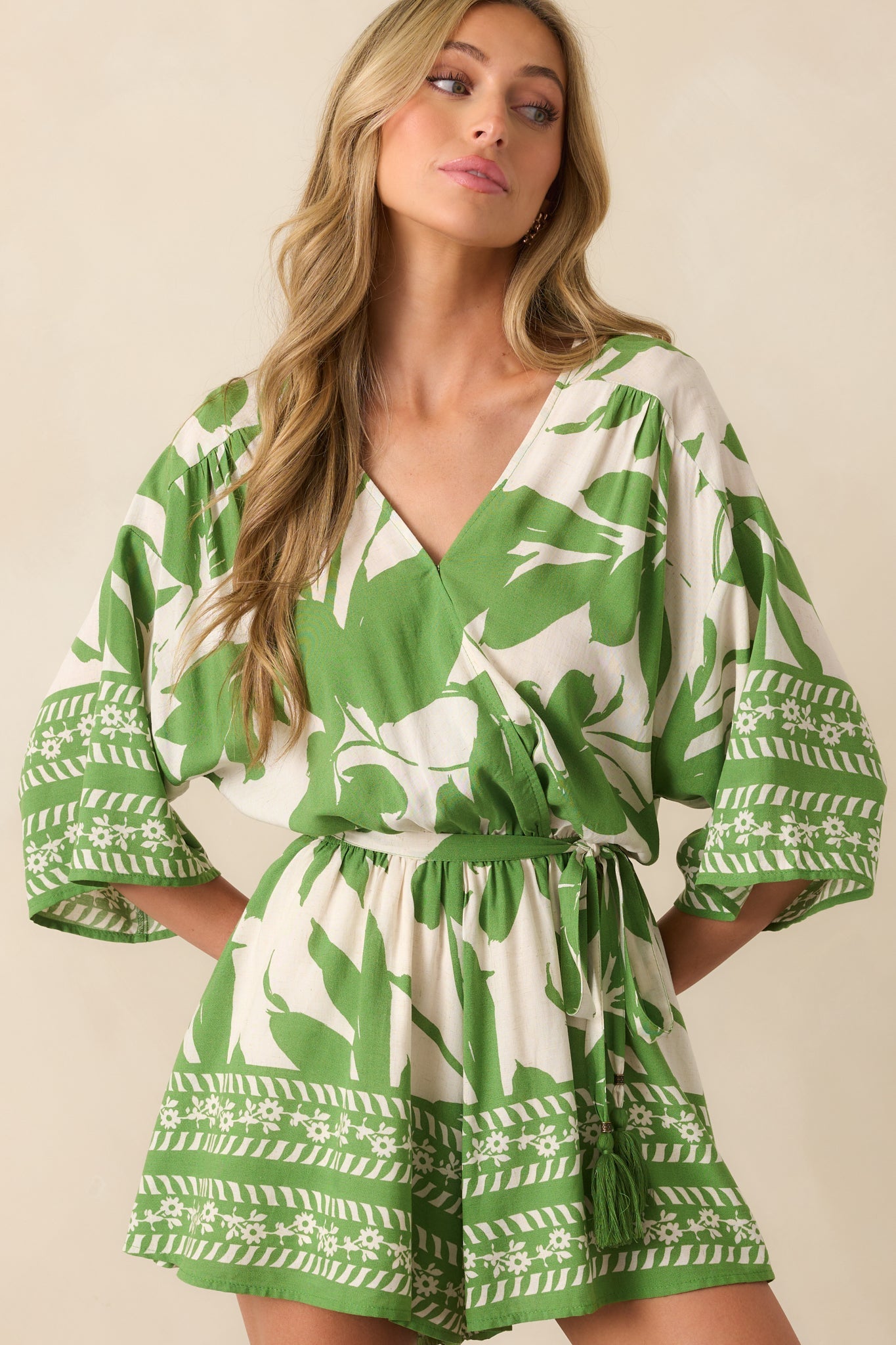 Always Taking It Easy Green Tropical Print Short Sleeve Romper