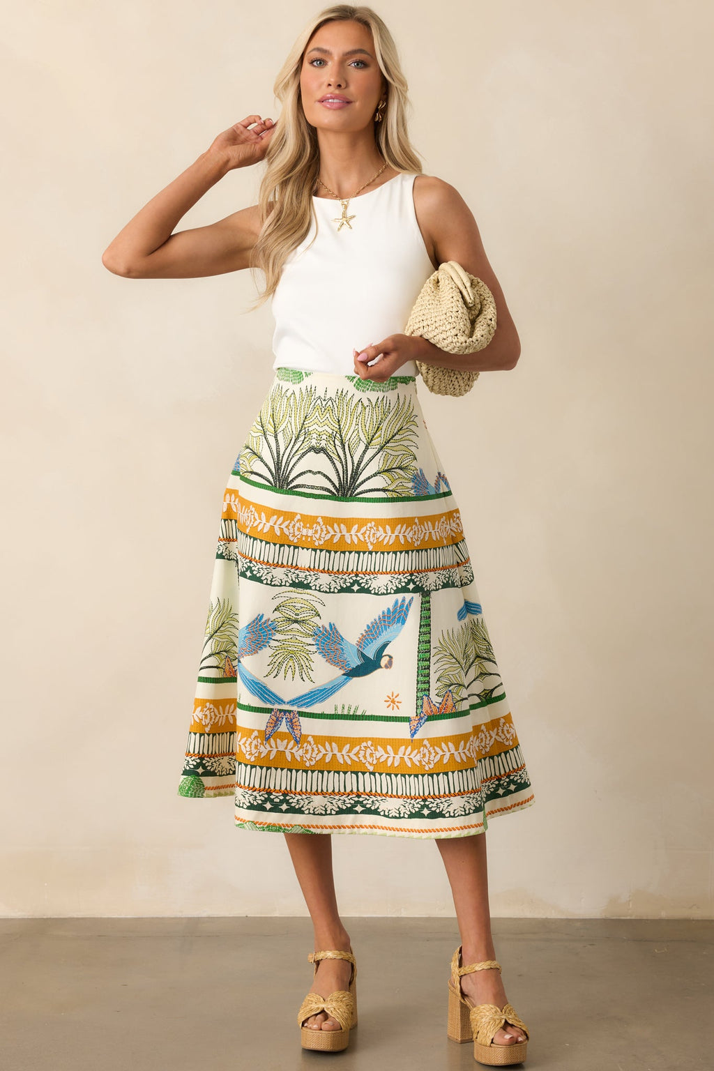 Aylaya Amazon Ivory Tropical Print Cotton Midi Skirt