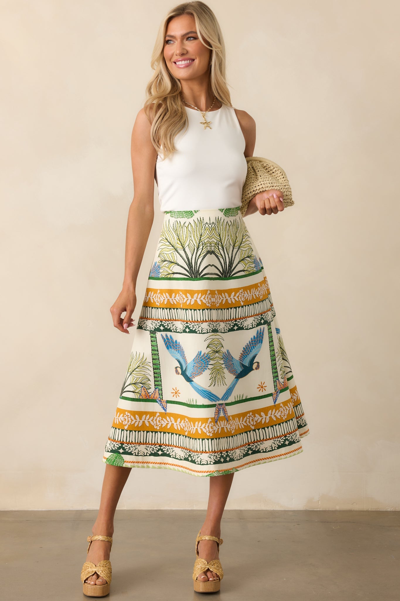 Aylaya Amazon Ivory Tropical Print Cotton Midi Skirt