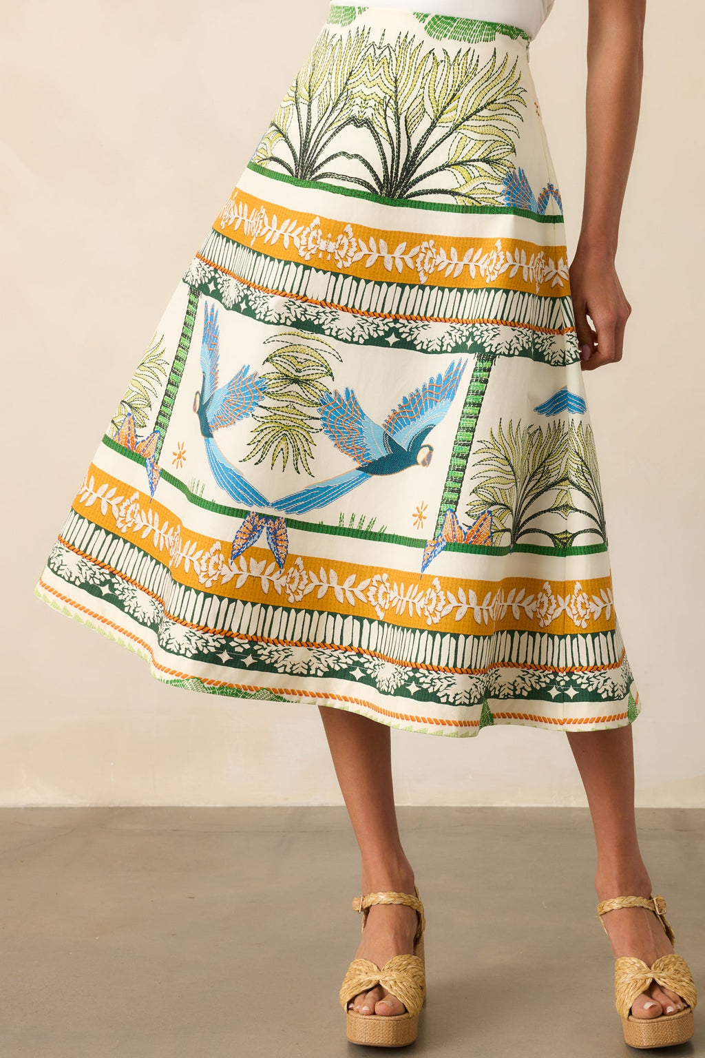 Aylaya Amazon Ivory Tropical Print Cotton Midi Skirt
