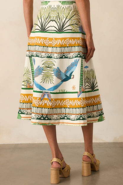 Aylaya Amazon Ivory Tropical Print Cotton Midi Skirt