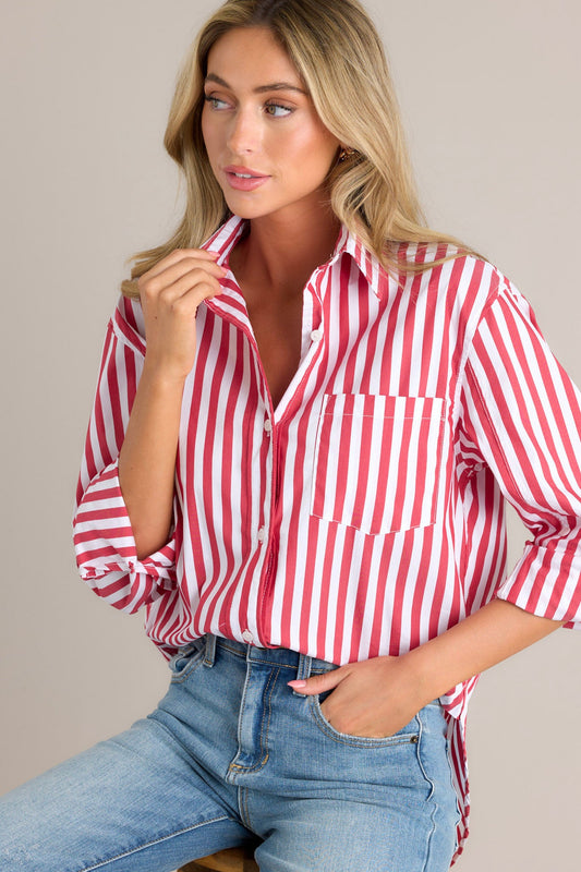 Your Go-To Red Stripe Button Front Top