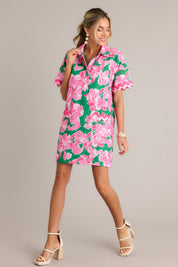 Seaside Serenity Green Multi Floral Mini Shirt Dress