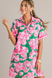 Seaside Serenity Green Multi Floral Mini Shirt Dress