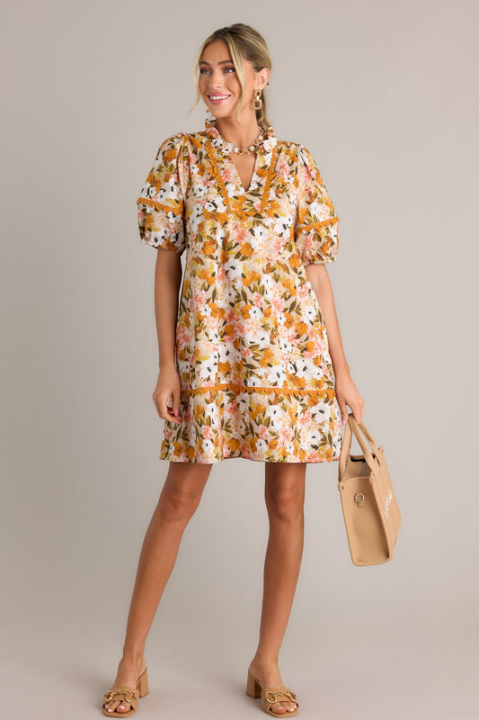 Blissful Treasure 100% Cotton Honey Yellow Floral Mini Dress