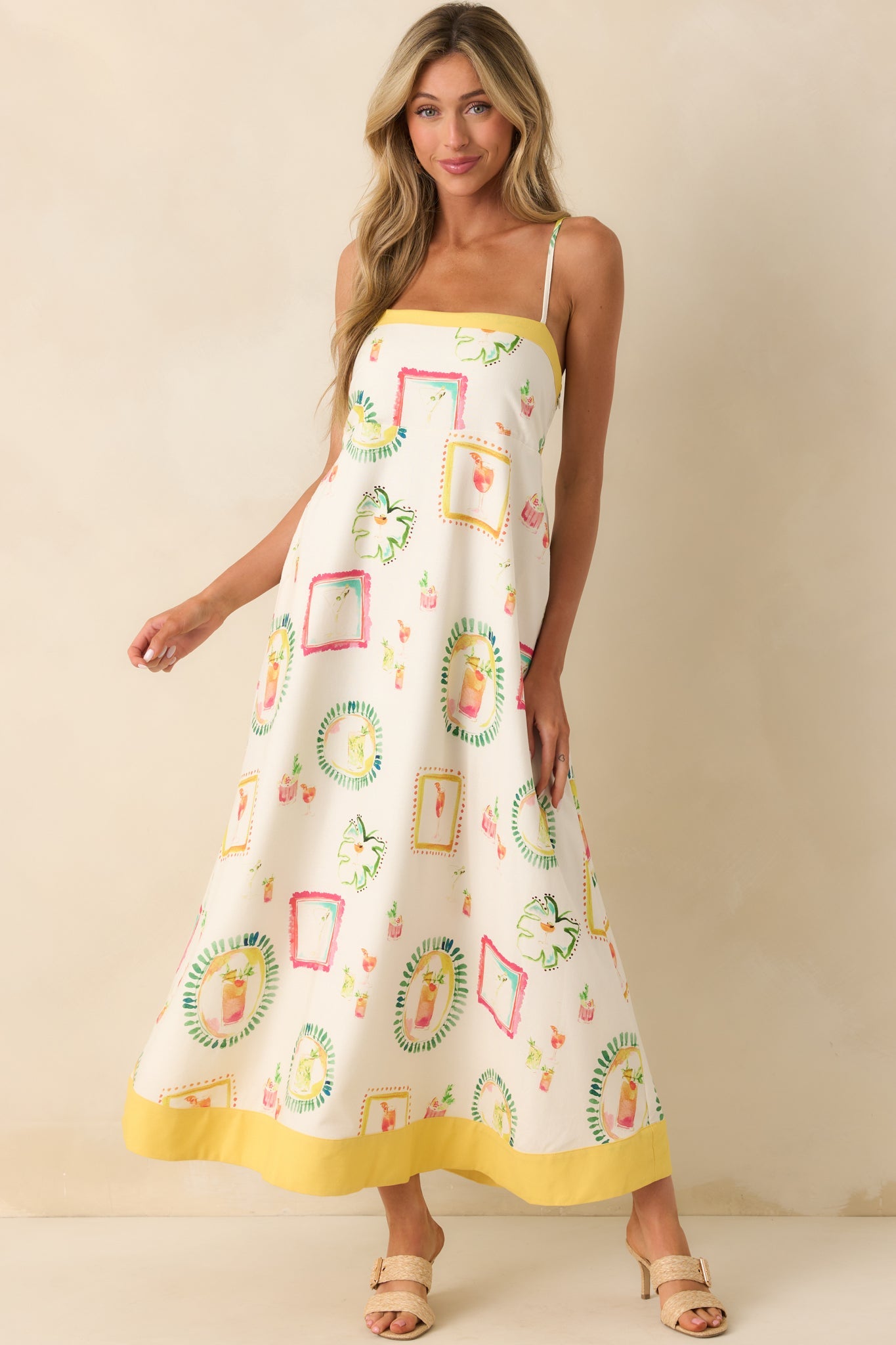Just For Fun Ivory Watercolor Cocktail Print Linen Blend Maxi Dress