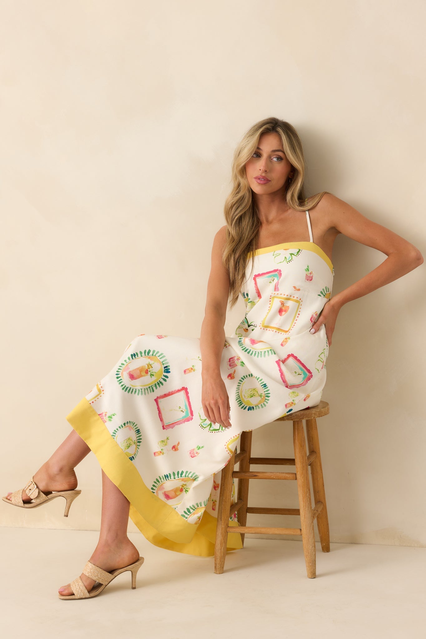 Just For Fun Ivory Watercolor Cocktail Print Linen Blend Maxi Dress