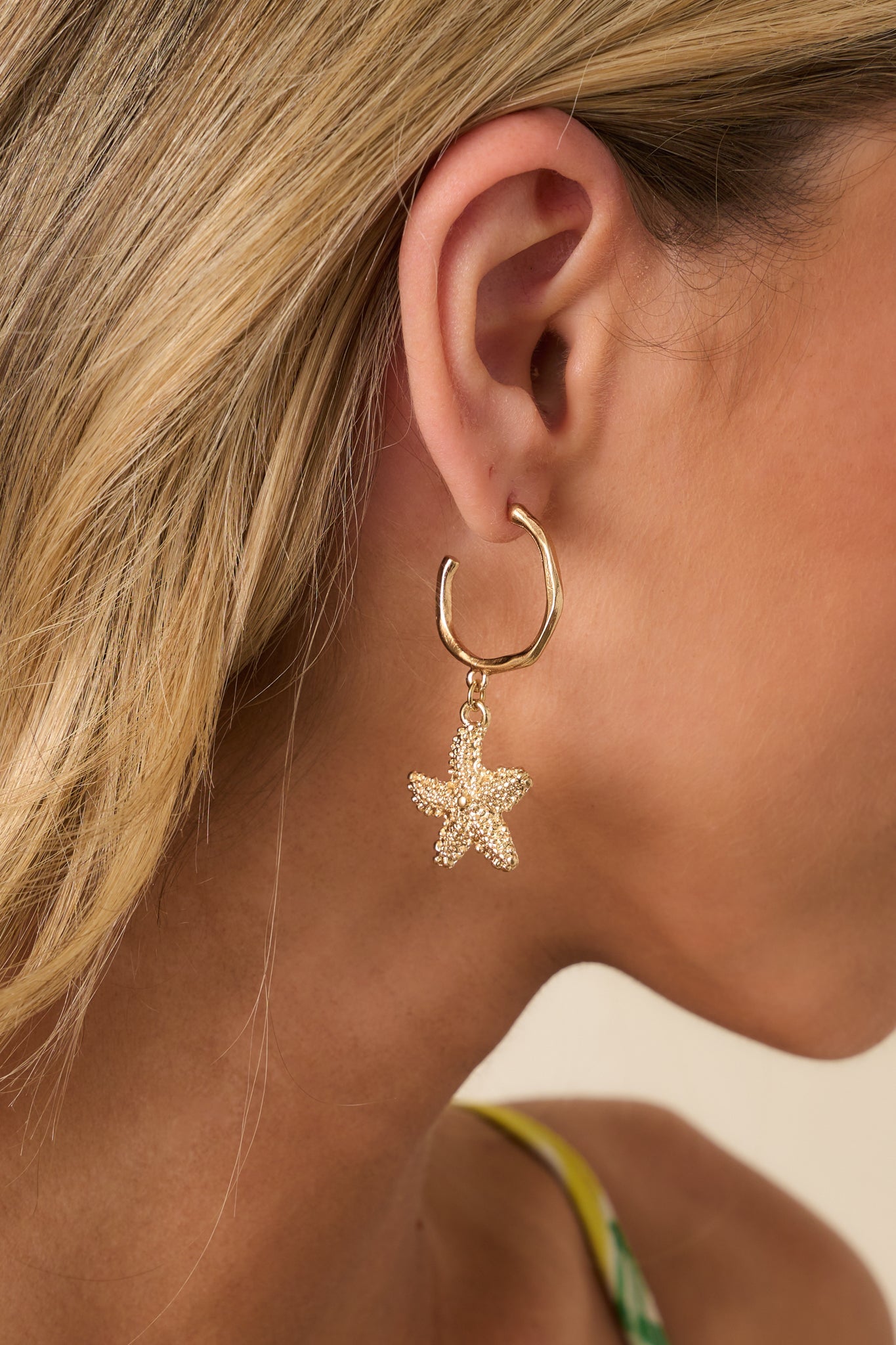Going With The Tide Textured Gold Starfish Drop Earrings