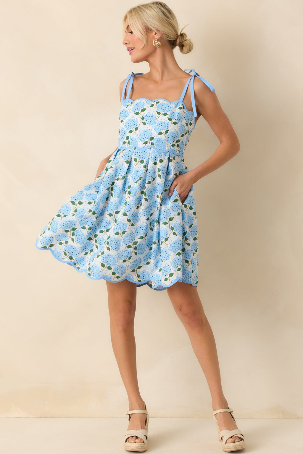 In Her Own World Blue Hydrangea Floral Print Cotton Mini Dress