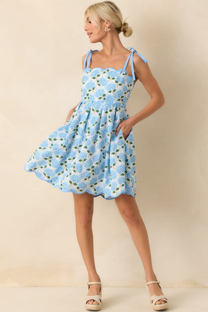 In Her Own World Blue Hydrangea Floral Print Cotton Mini Dress