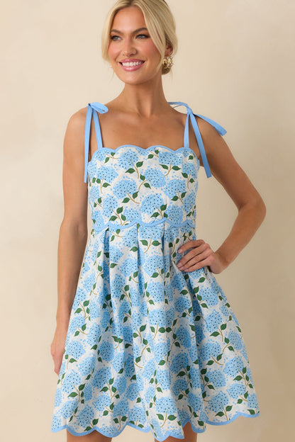 In Her Own World Blue Hydrangea Floral Print Cotton Mini Dress