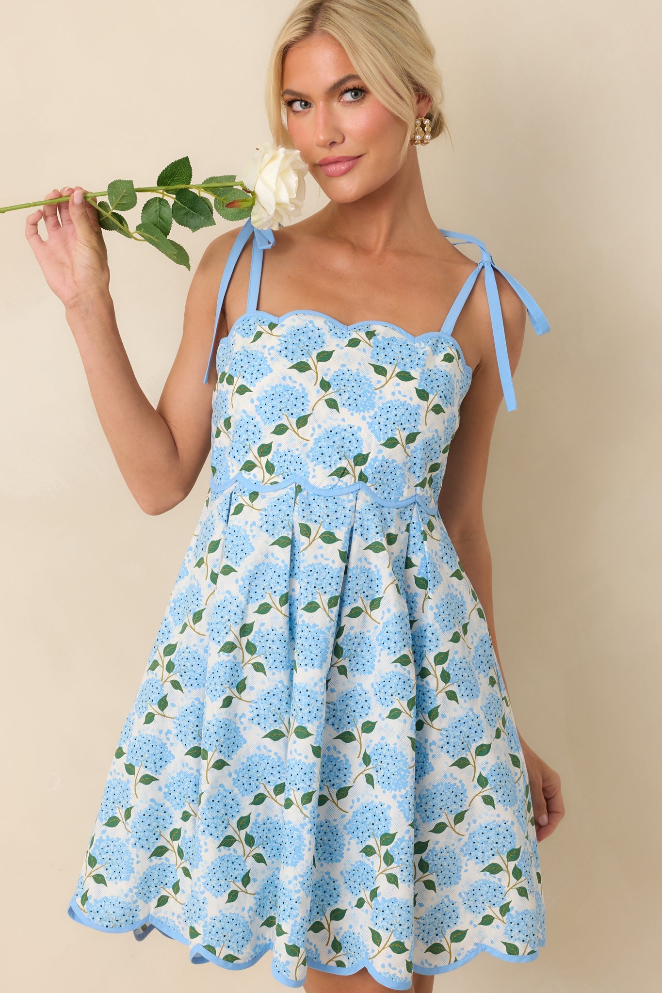 In Her Own World Blue Hydrangea Floral Print Cotton Mini Dress