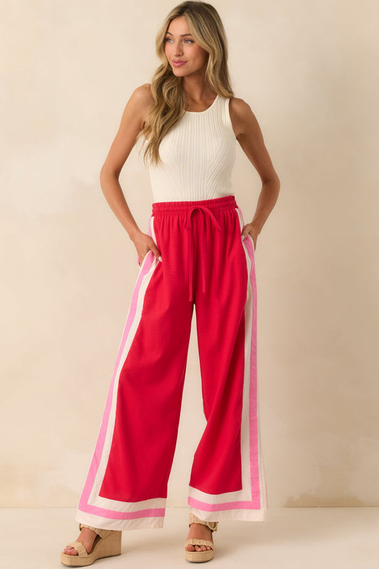 She Always Knows Red Contrast Trim Linen Blend Wide Leg Pants