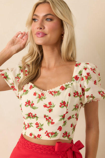Just Wait And See Ivory Floral Berry Puff Sleeve Crop Top